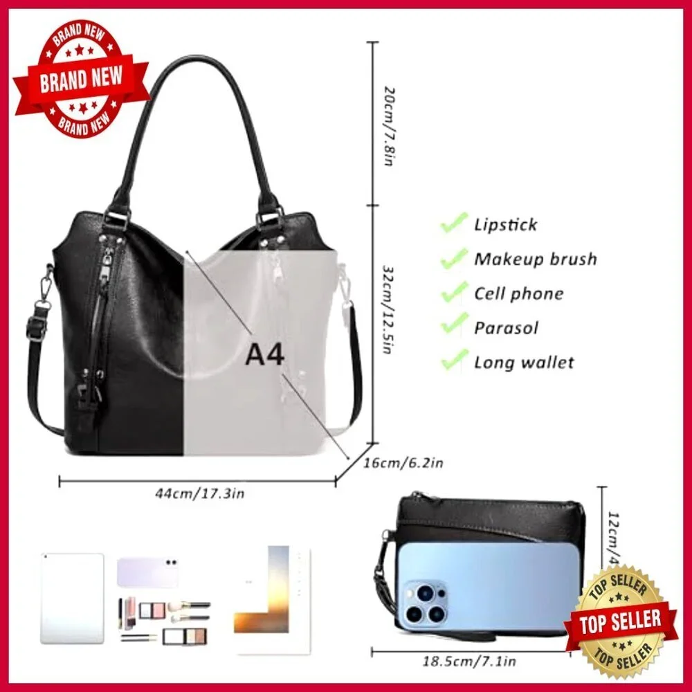 Large Vegan Leather Tote Bag with Adjustable Strap, Multiple Pockets, Fits